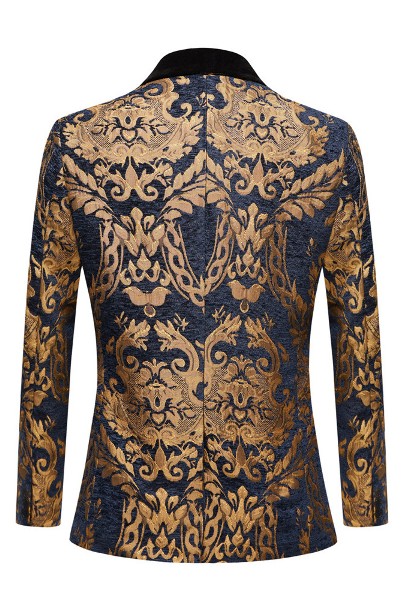 Blue Slim Fit Jacquard Shawl Collar Men Two Piece Suit