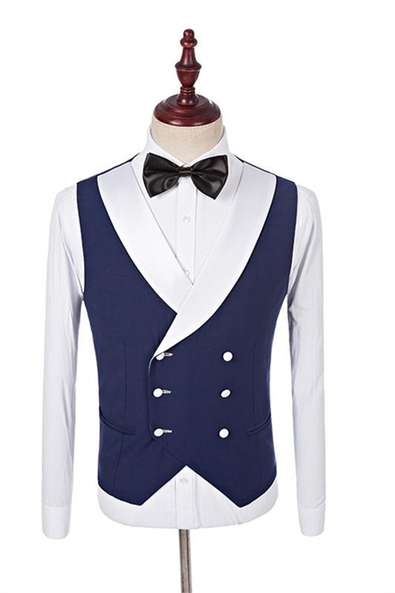 Navy Groomsmen Suit White Shawl Lapel Three-Piece Tuxedo