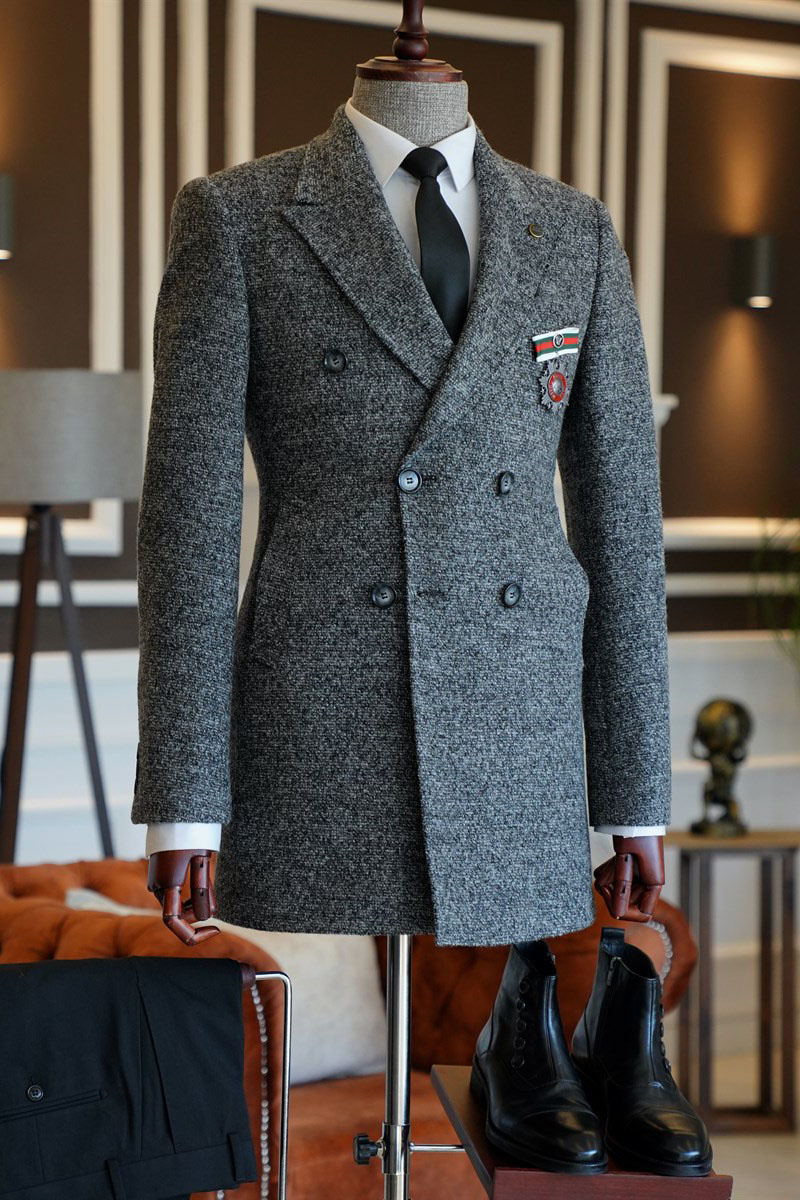 Jason Hot Dark Grey Point Lapel Double Breasted Custom Winter Business Jacket