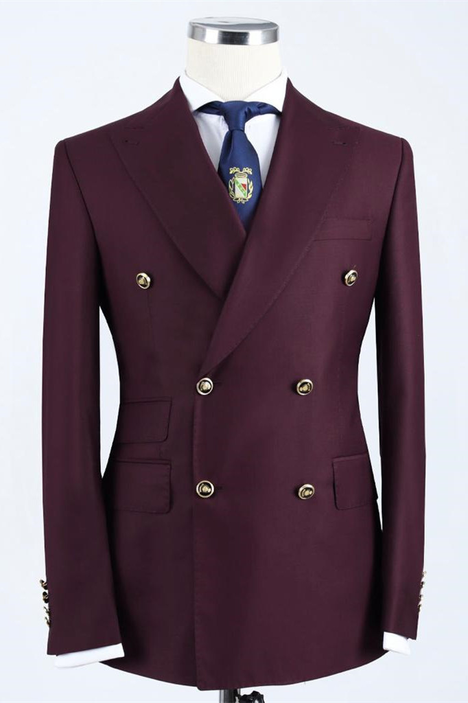 Burgundy Double-Breasted Pointed Collar Slim Fit Suit