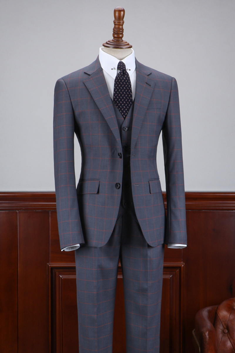 Abraham Stylish Dark Grey Plaid Notched Lapel Two Button Business Suit