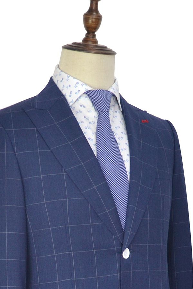 Three Flap Pocket Peak Lapel Suit Two-Button Check Navy Suit