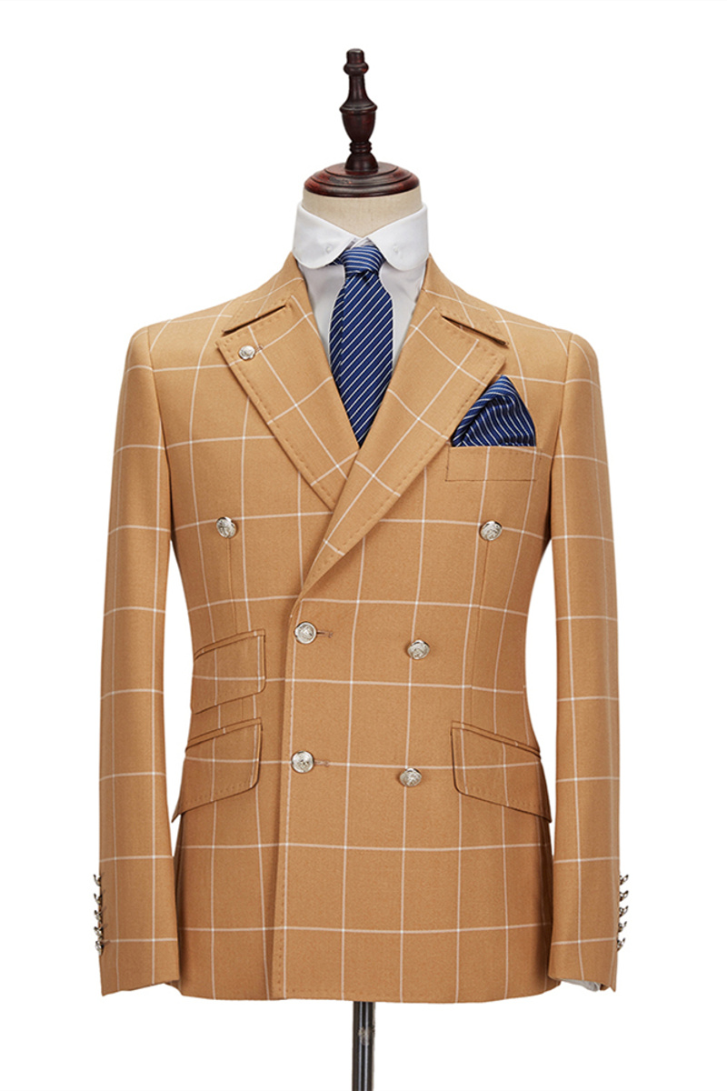 Peak Lapel Flap Pockets Double-Breasted Plaid Orange Business Suit