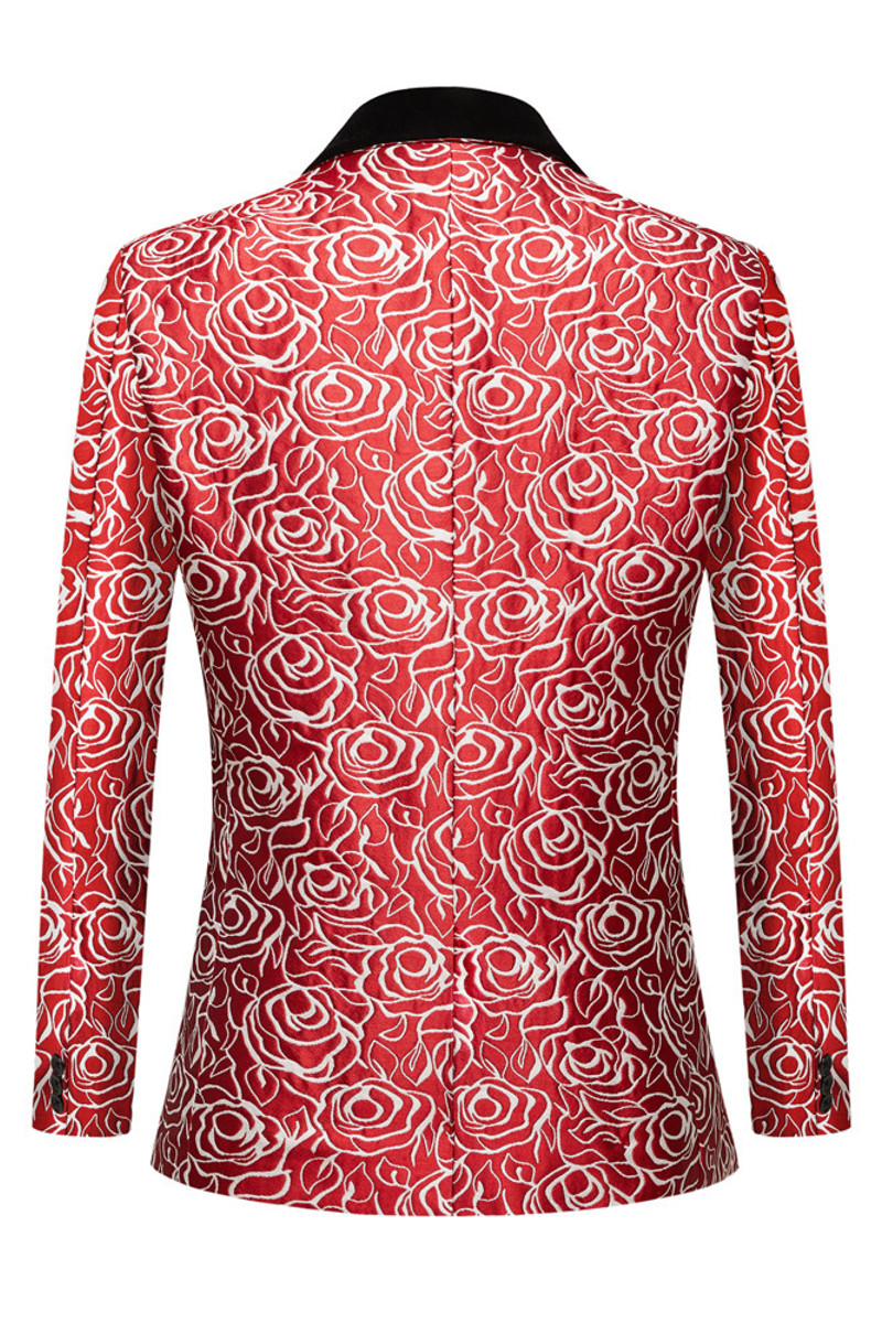 Red Rose Slim Fit Jacquard Shawl Collar One Button Men's Prom Suit