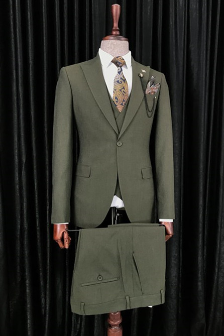 Dark Green Pointed Collar Three-Piece Business Suit