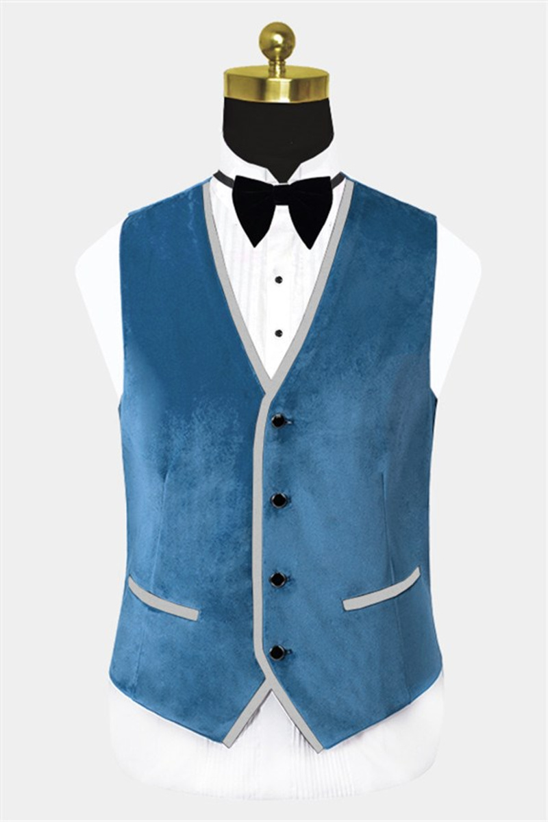 Sky Blue Velvet Tuxedo Three-Piece Skinny Suit