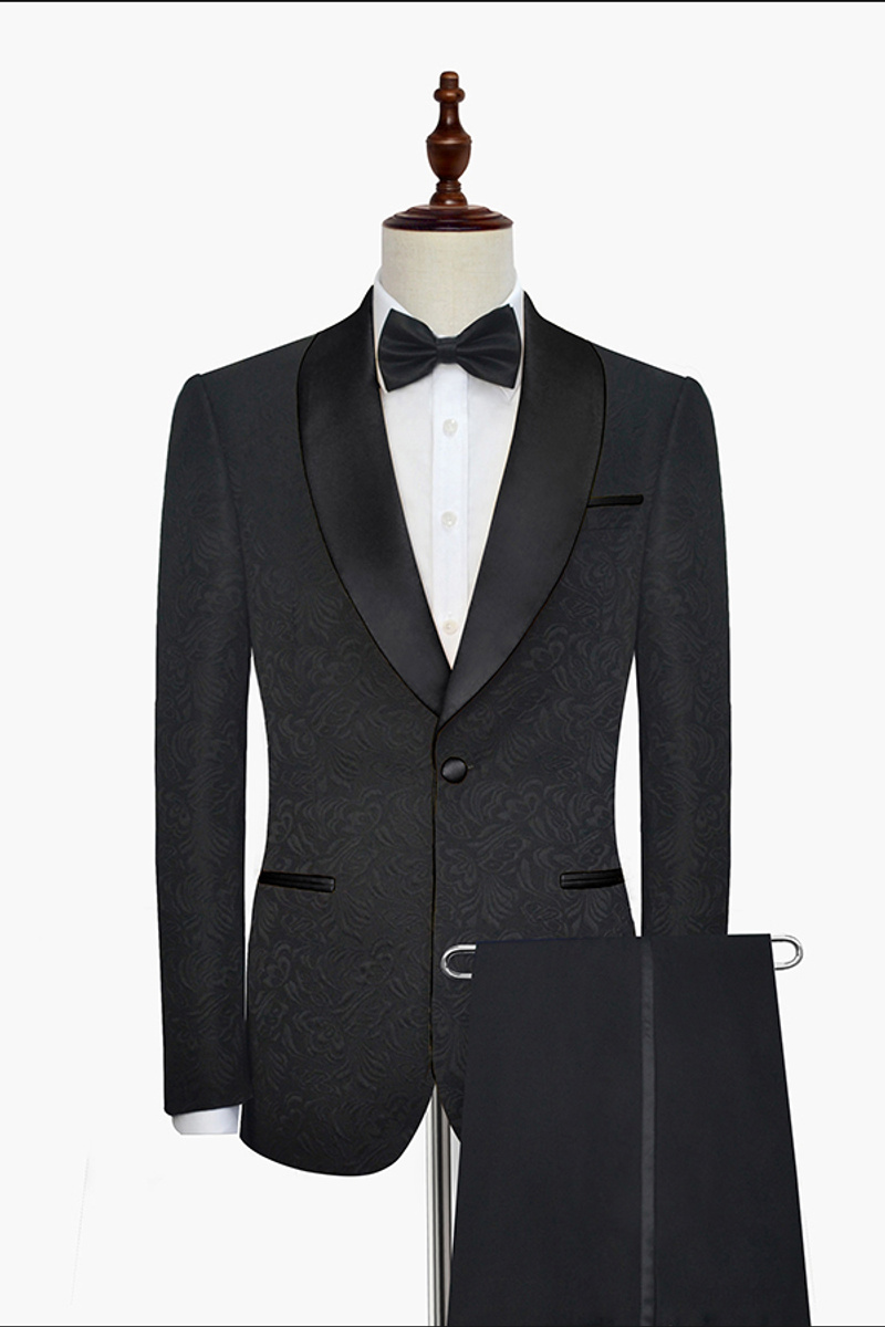 Classic Black Jacquard Wedding Tuxedo Shawl Lapel Silk One-Button Suit