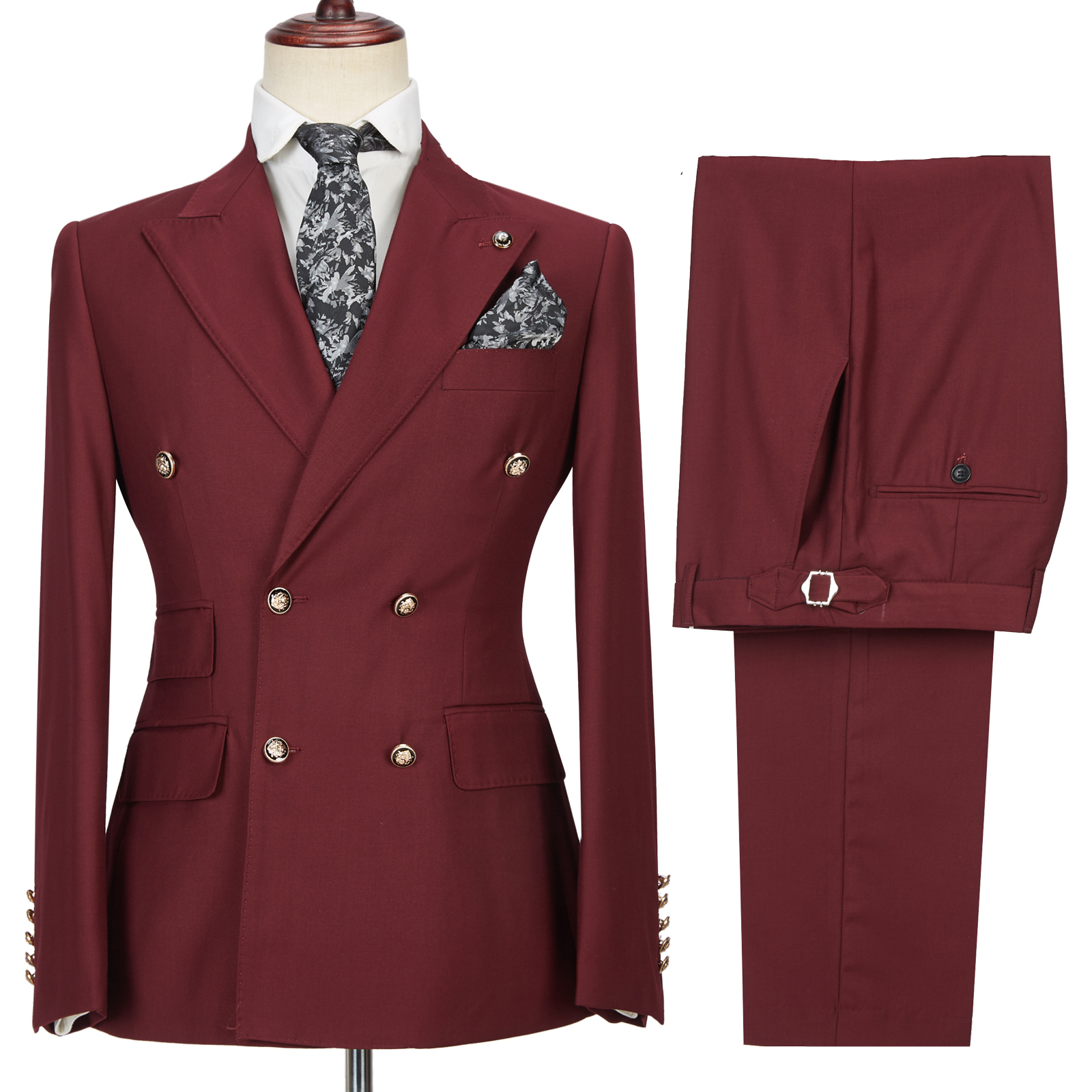 Luman Stylish Double-Breasted Burgundy Peak Lapel Formal Suit