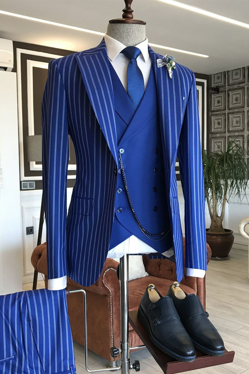 Marvin Fashion Blue Striped Three Piece Point Lapel Formal Men Suit
