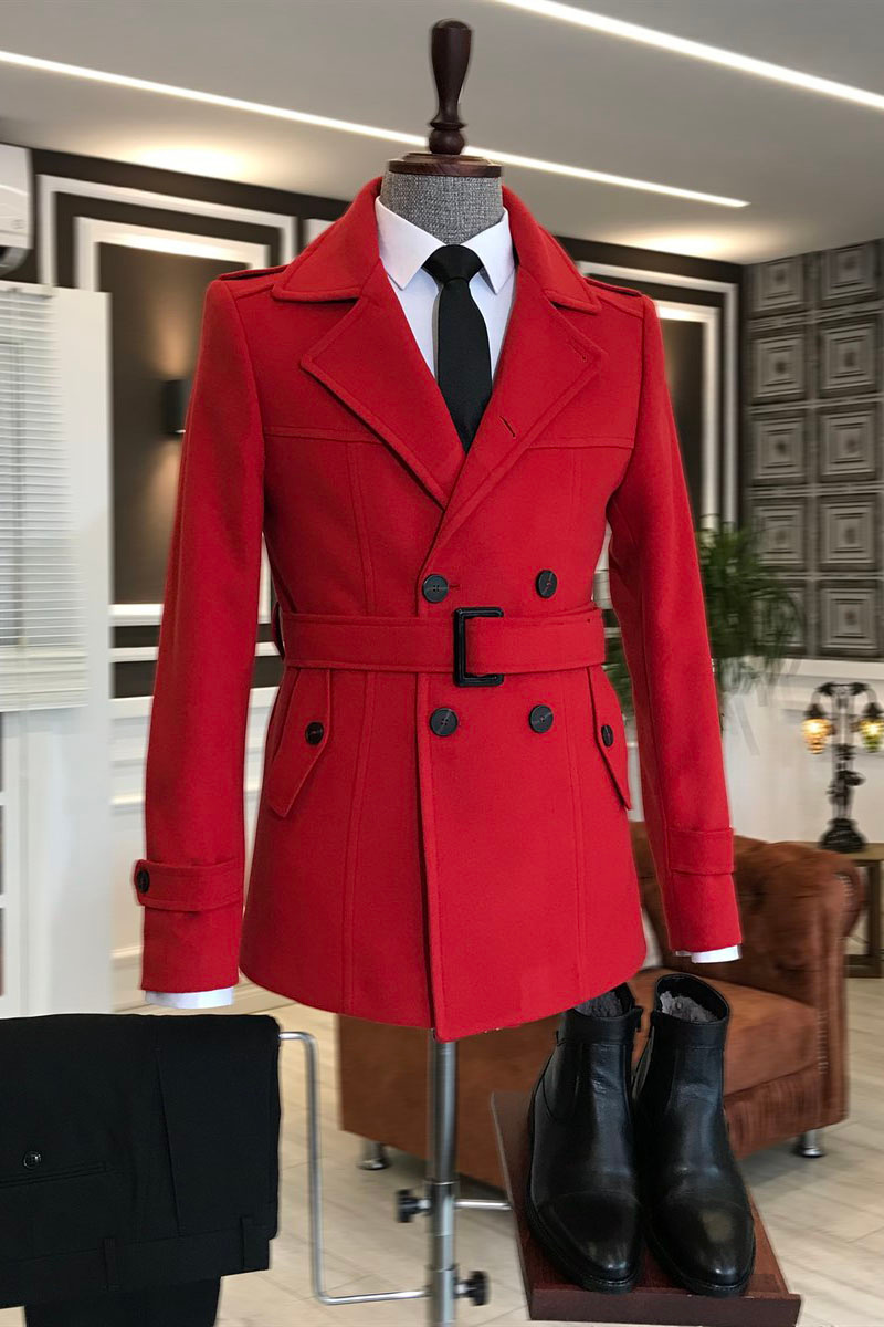Kent Fashion Red Notched Lapel Tie Belt Prom Winter Jacket