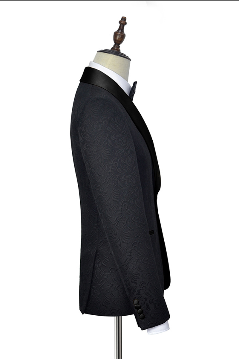 Classic Black Jacquard Wedding Tuxedo Shawl Lapel Silk One-Button Suit