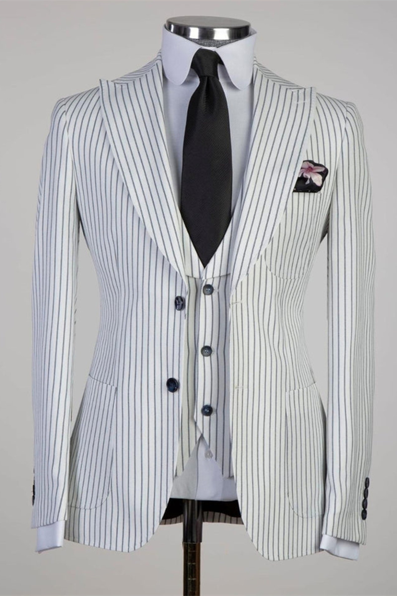 White Stripe Three-Piece Peaked Lapel Business Suit