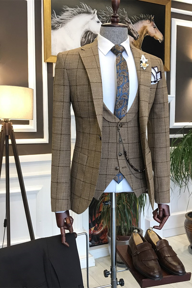 Archibald New Brown Plaid Lapel Three-Piece Business Suit