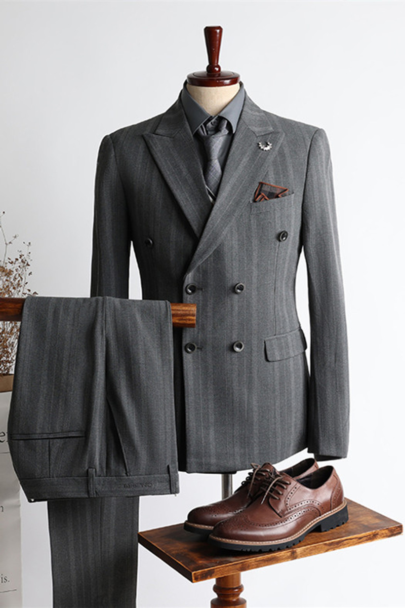 Mason New Grey Striped Point Lapel Double Breasted Business Suit