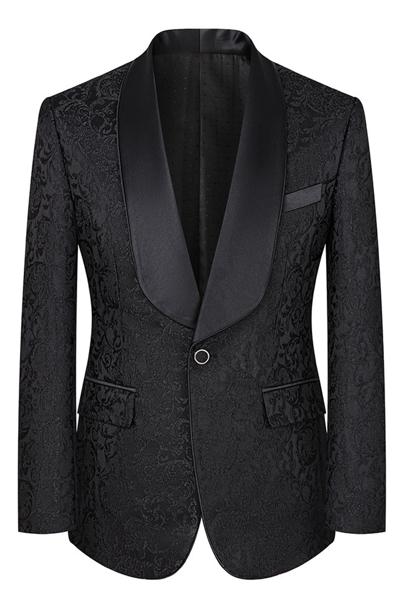 Black Shawl Collar Men's Jacquard Three-Piece Wedding Suit