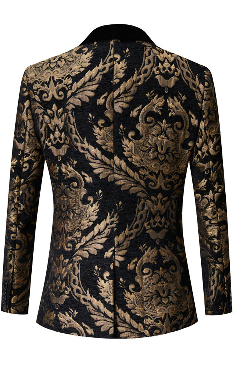 Black Slim Fit Jacquard Shawl Collar Men Two Piece Suit
