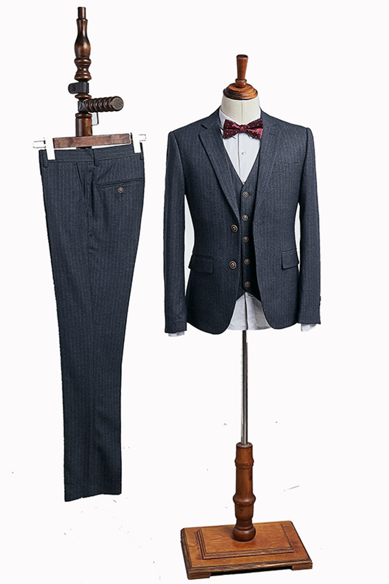 Caesars Fashion Dark Grey Striped Three Piece Slim Fit Custom Business Suit