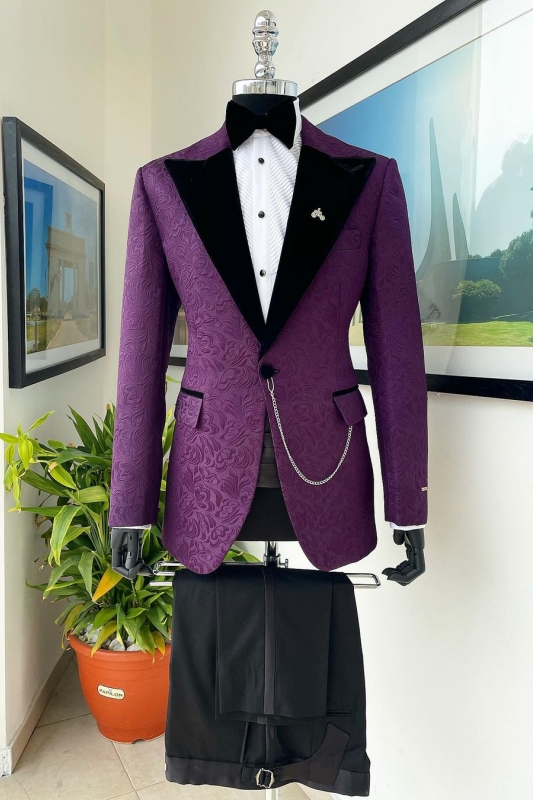 Elegant Purple Peak Lapel Jacquard Prom Suit Two Piece
