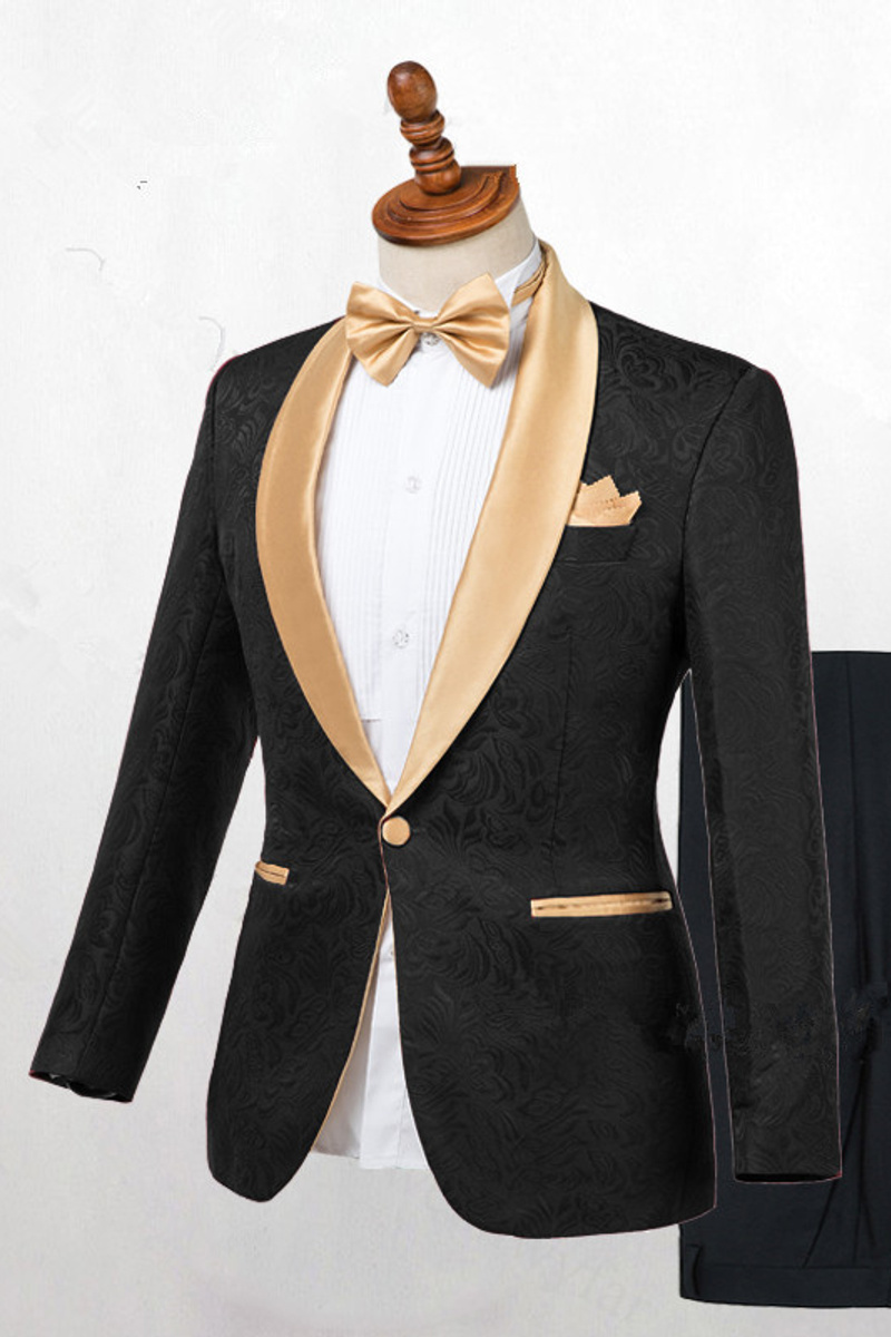 Josiah Handsome Black One-Button Wedding Suit with Gold Lapel