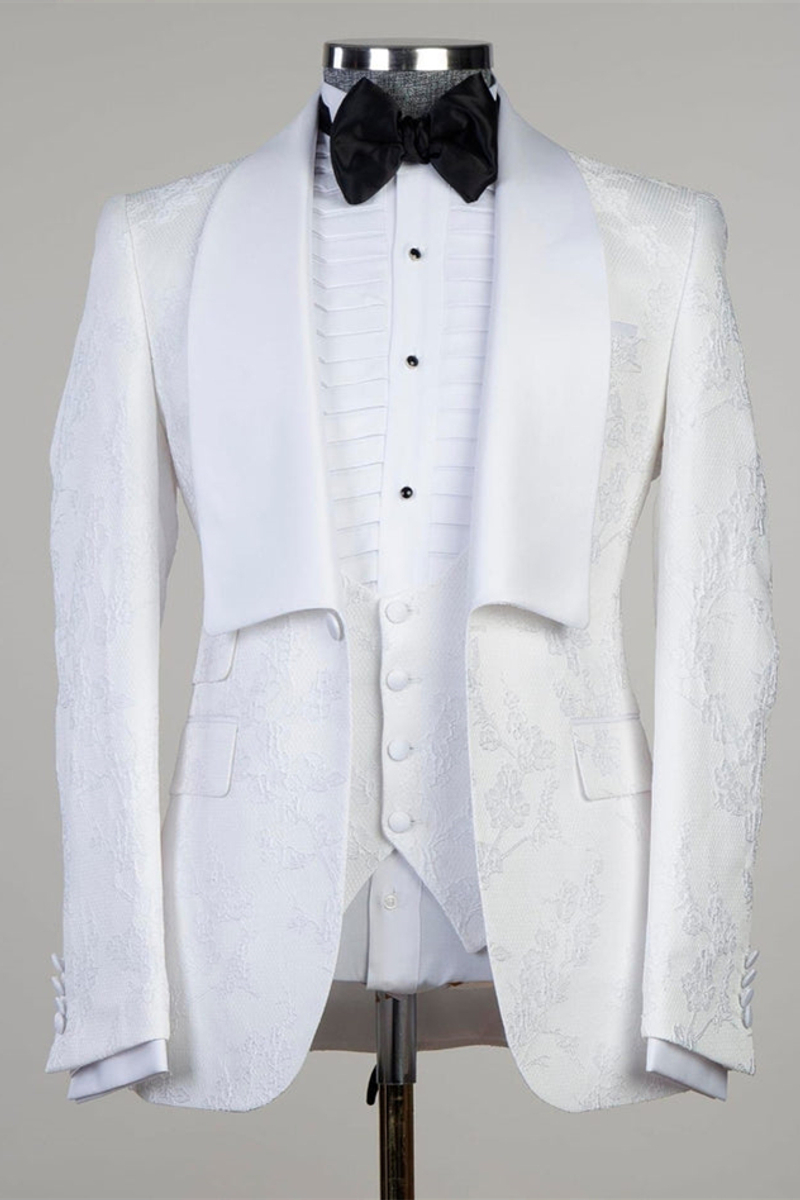 White Jacquard Shawl Lapel Three-Piece Wedding Suit