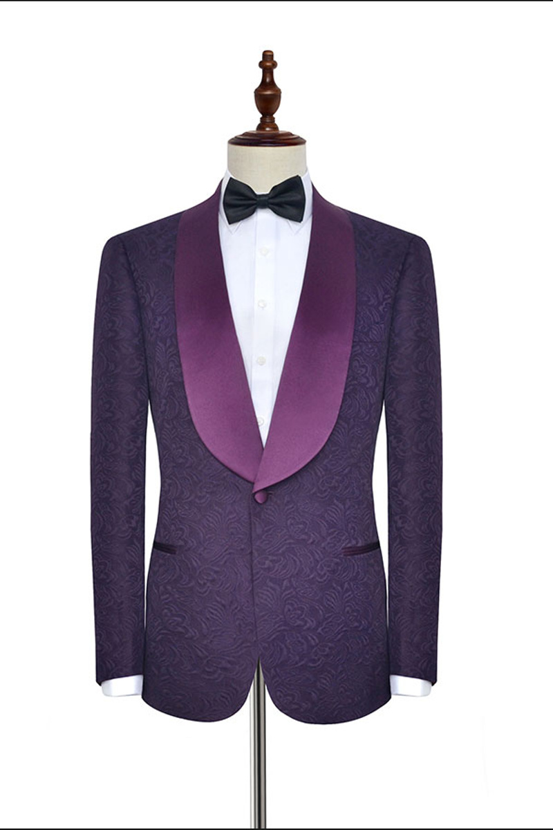 Luxurious Dark Purple One-Button Wedding Tuxedo Silk Shawl Lapel Ball Suit