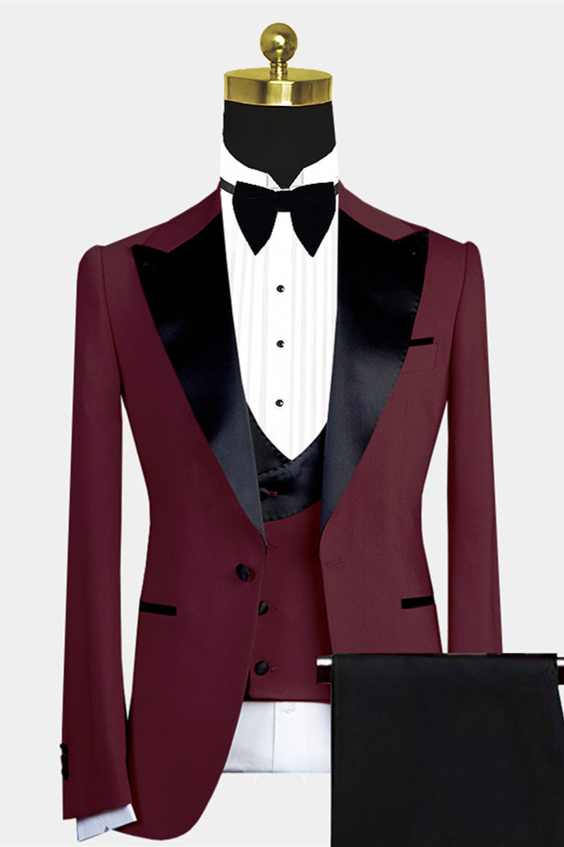Bryant New Arrival Burgundy Slim Fit Prom Suit Black Lapel