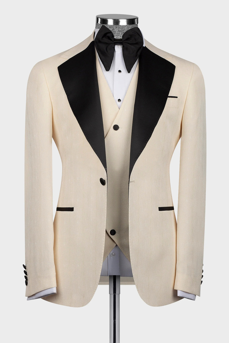 Modern Creamy Creamy Yellow Notch Lapel Men Suit Men Three Piece Black Collar Suits