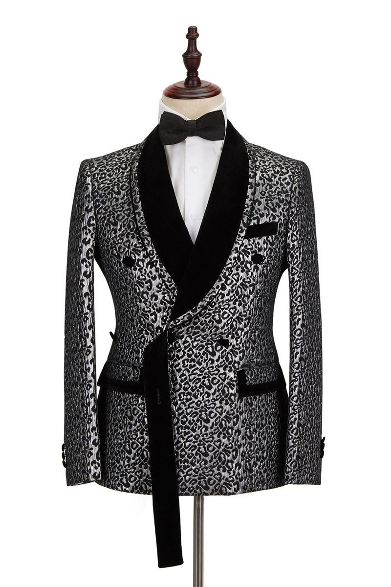 Black Stitching Silver Leopard Jacquard Suit Shawl Lapel Double-Breasted Wedding Suit