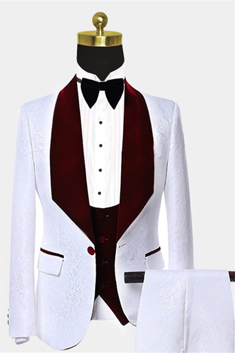 Burgundy Lapel White Jacquard Suit Floral Tuxedo
