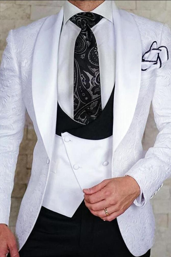 White Groom Pattern Wedding Tuxedo Jacquard Slim Fit Three-Piece Suit