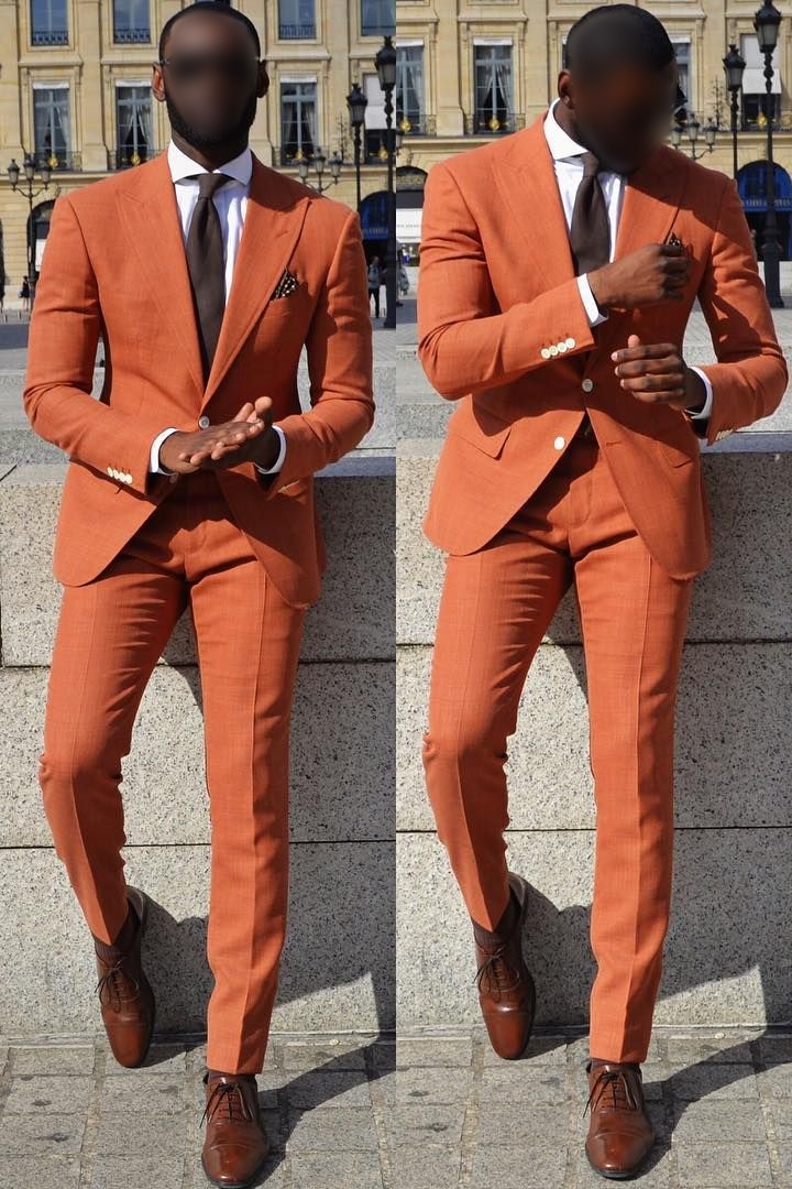 Orange Slim Fit Men Suit Point Collar Prom Suit