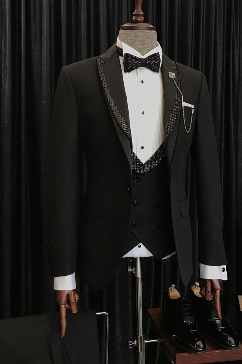 Benjamin's Specially Designed Black Wedding Suit with Shiny Black Pointed Lapels
