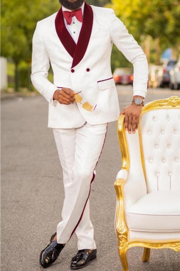 Bryan White Jacquard Double-Breasted Wedding Suit with Burgundy Lapel