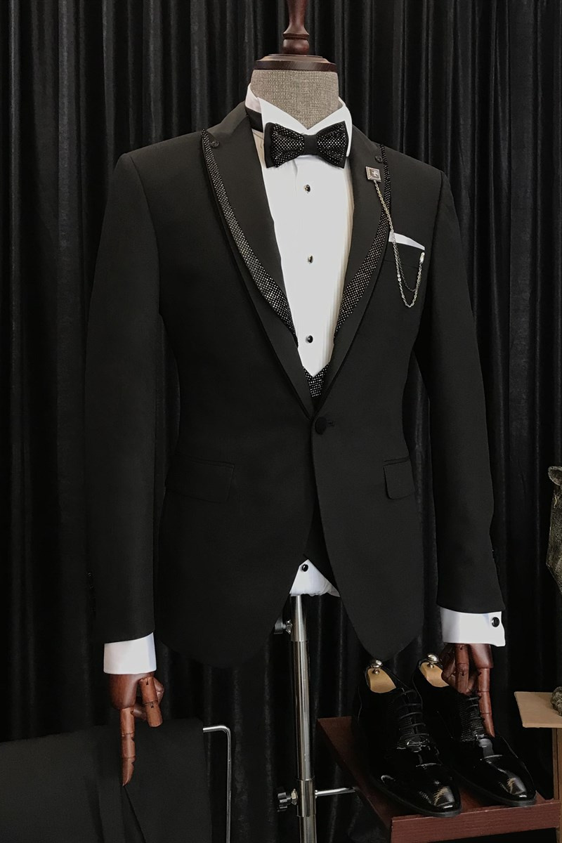 Benjamin's Specially Designed Black Wedding Suit with Shiny Black Pointed Lapels