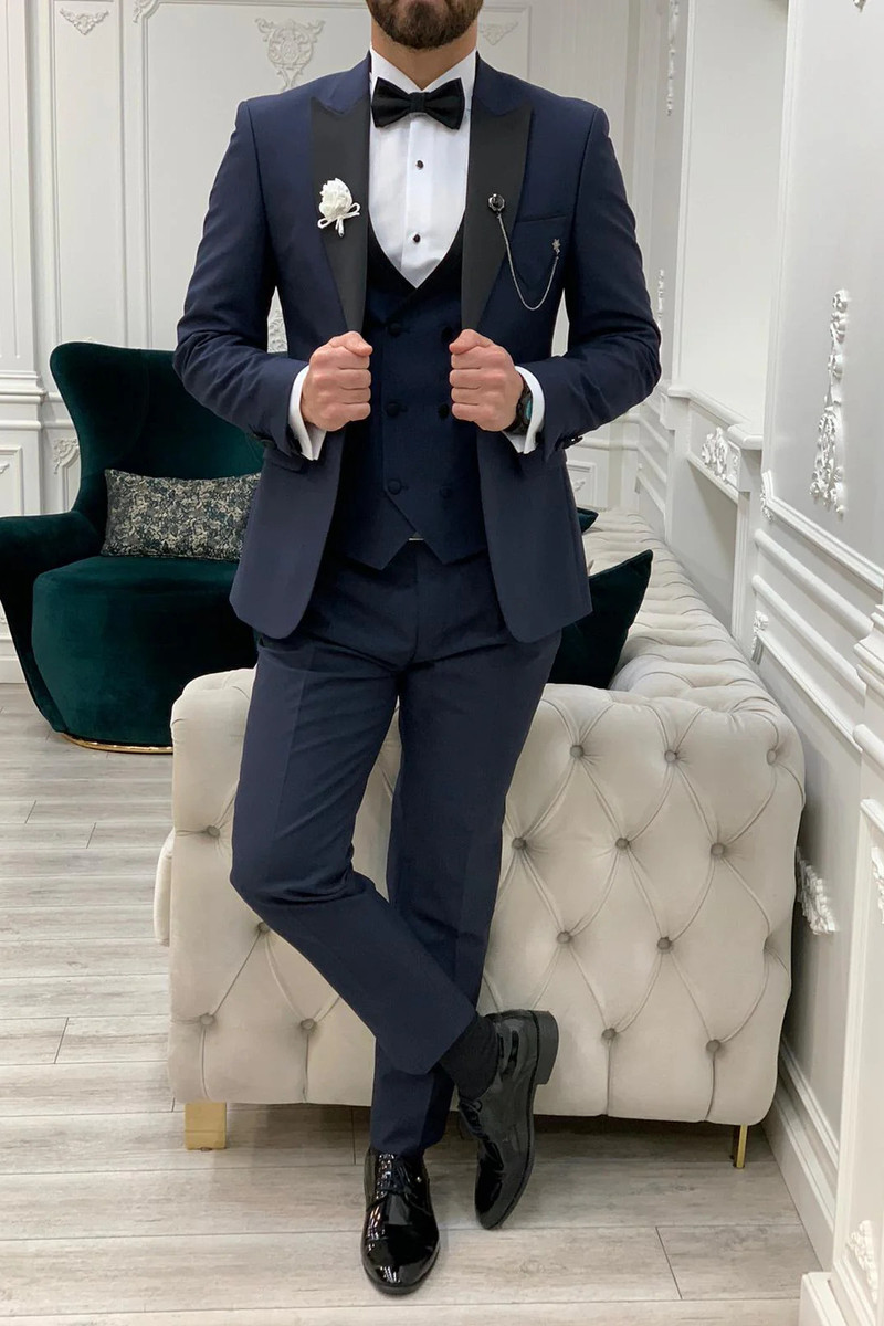 Modern Fashion Navy Blue Velvet Slim Fit Three-Piece Tuxedo with Peak Collar