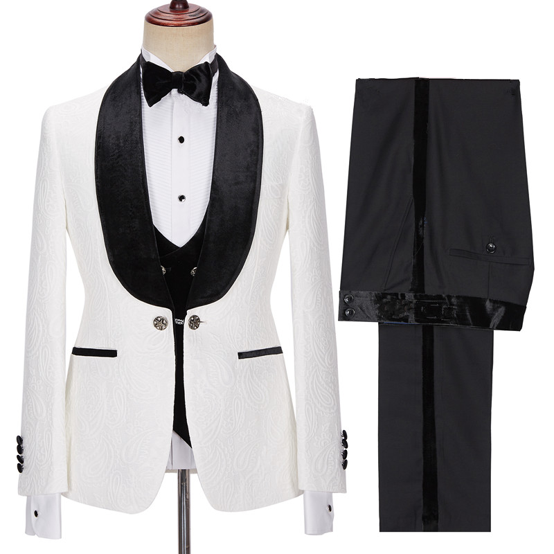 New White Jacquard Three-Piece Wedding Suit with Velvet Lapel