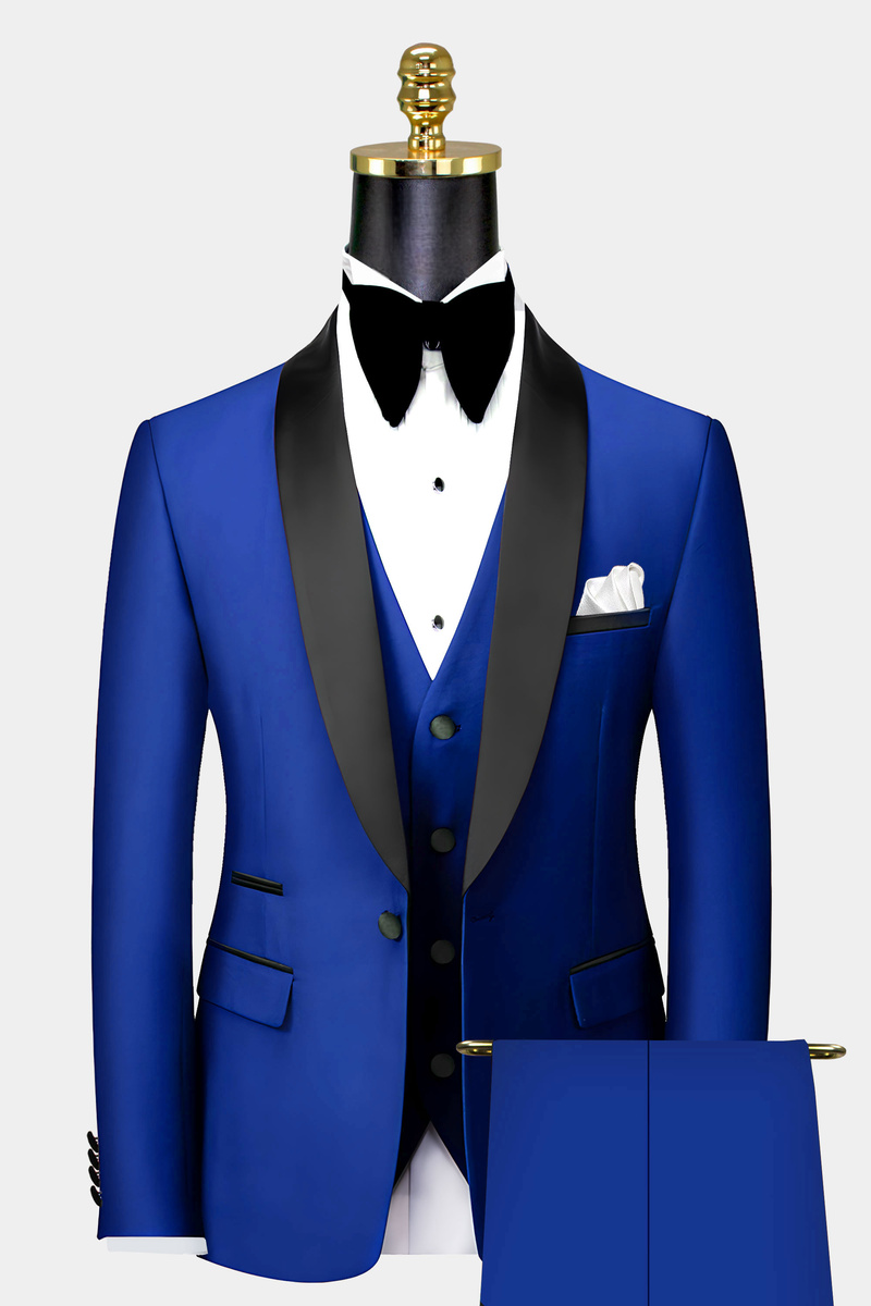 Modern Royal Blue Groom Suit Black Satin Shawl Lapel Wedding Tuxedo for Groomsmen