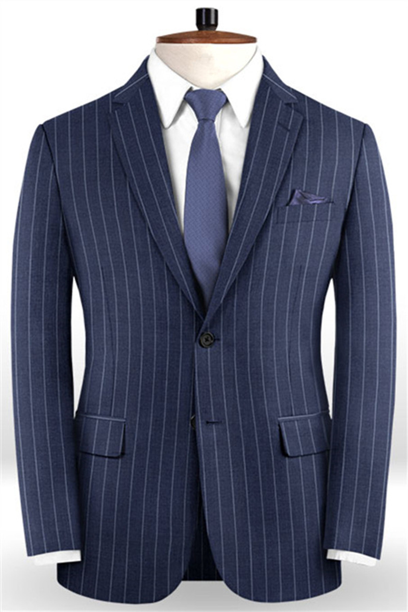 Dark Blue Business Formal Fashion Two-Button Striped Tuxedo