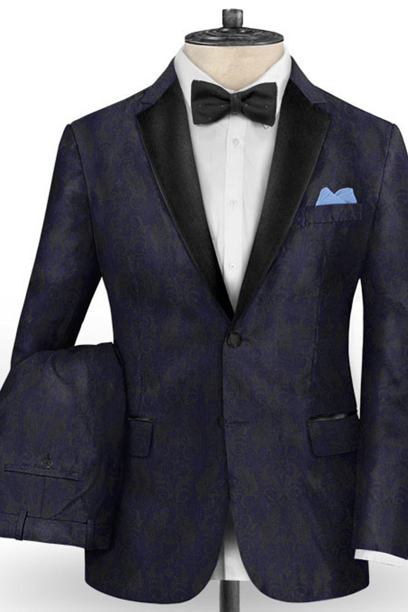 Navy Blue Jacquard Evening Suit for Prom Slim Fit Two Button Men Suit