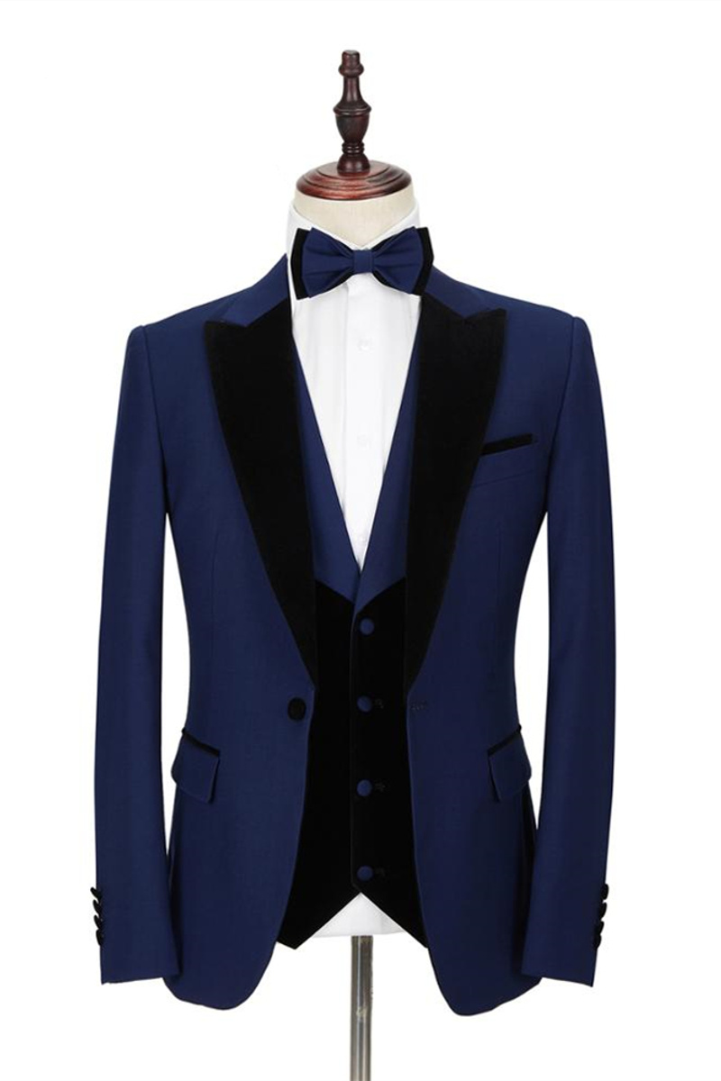 Dark Blue Peak Lapel Wedding Suit Velvet Lapel Formal Suit
