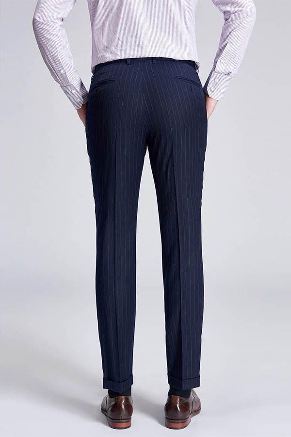 Light Grey Pinstripe Fashion Dark Navy Blue Men Formal Suit Trousers