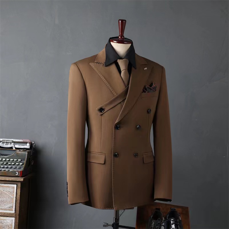Italian Brown Lapel Slim Fit Suit Wedding Business Suit with Adjustable Chest Button