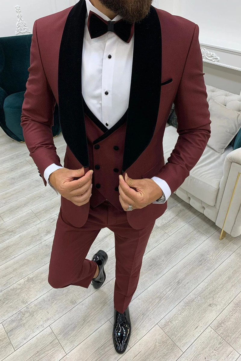 Allen Burgundy Velvet Slim Fit Three-Piece Tuxedo with Shawl Lapel