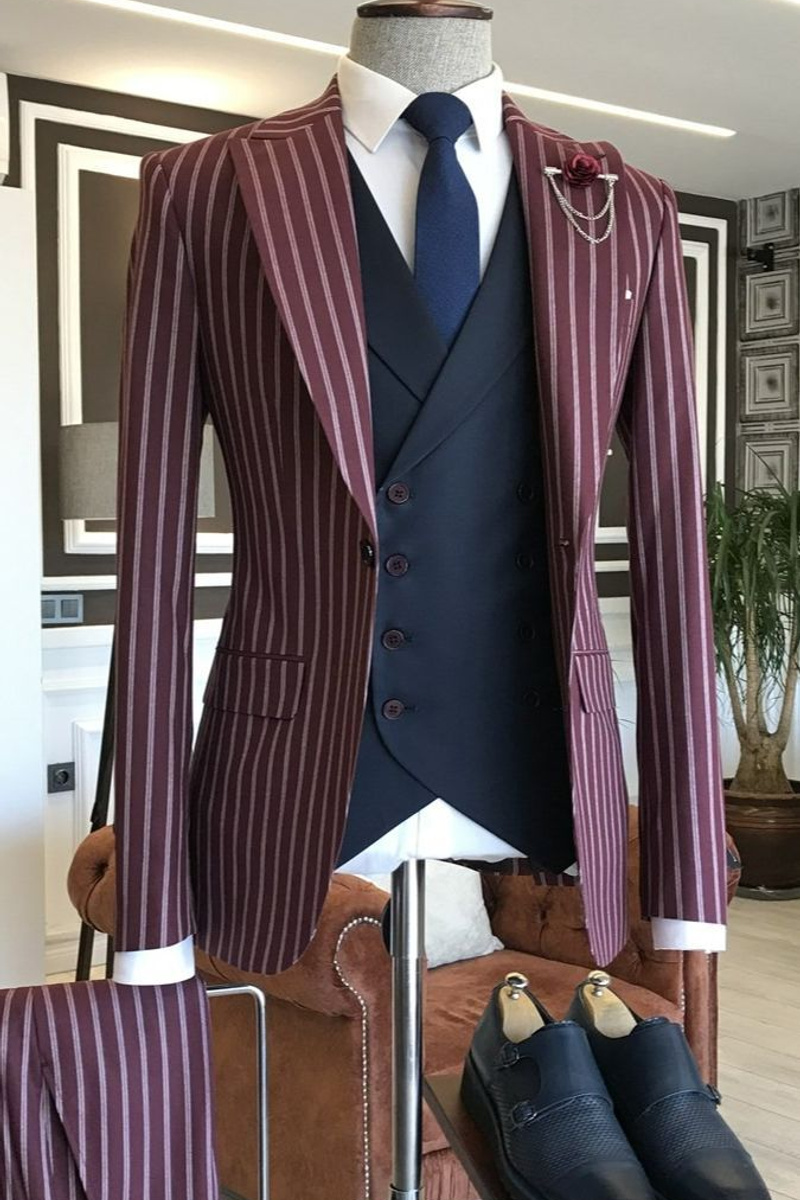David Fashion Burgundy Striped Three Piece Point Lapel Formal Men Suit ｜Vest Navy Blue