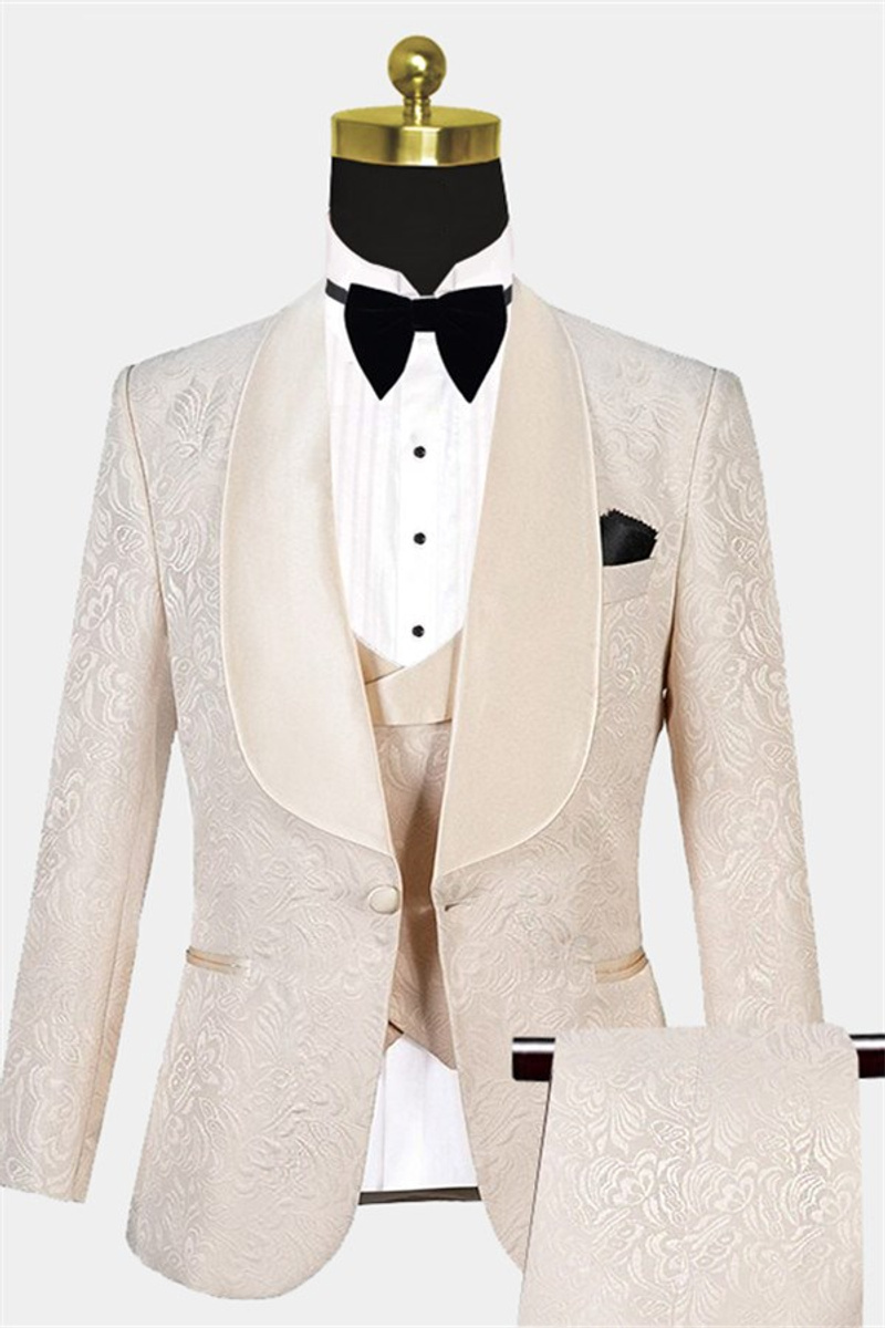 Champagne Three-Piece Jacquard Wedding Tuxedo Shawl Lapel Banquet Suit