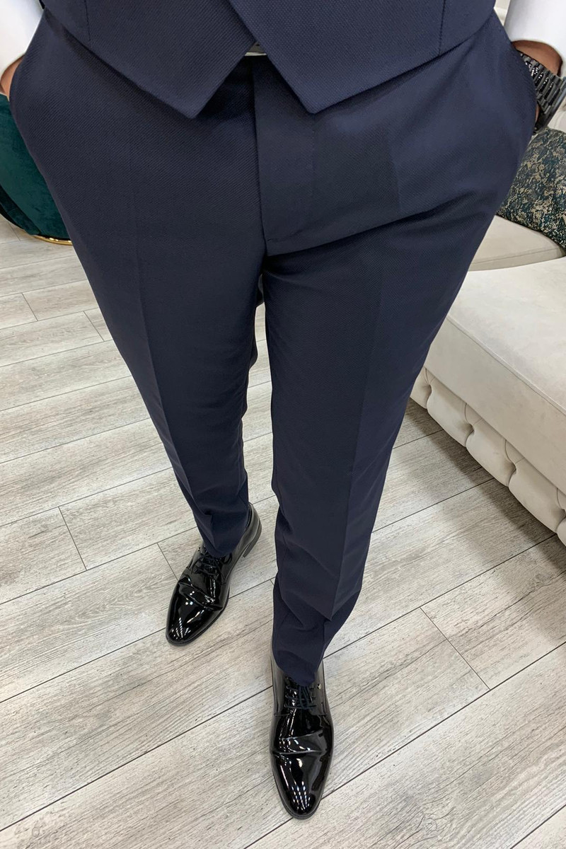 Modern Fashion Navy Blue Velvet Slim Fit Three-Piece Tuxedo with Peak Collar