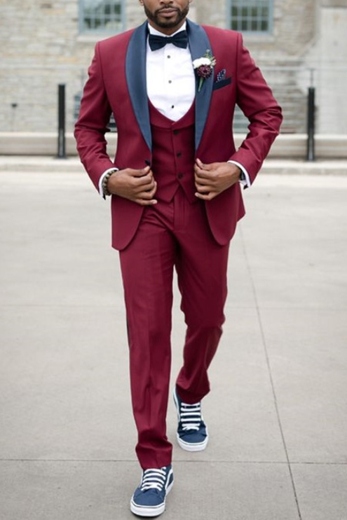 Elias Burgundy Slim Fit Suit with Black Shawl Lapel