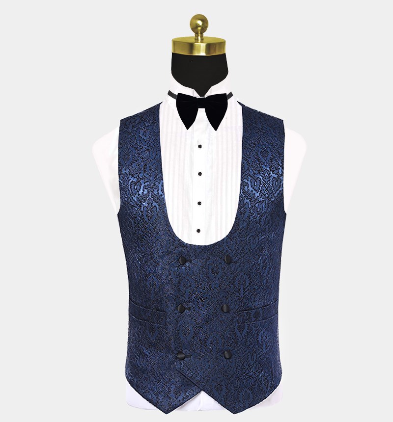 Navy Blue Damask Tuxedo Modern Three-Piece Suit