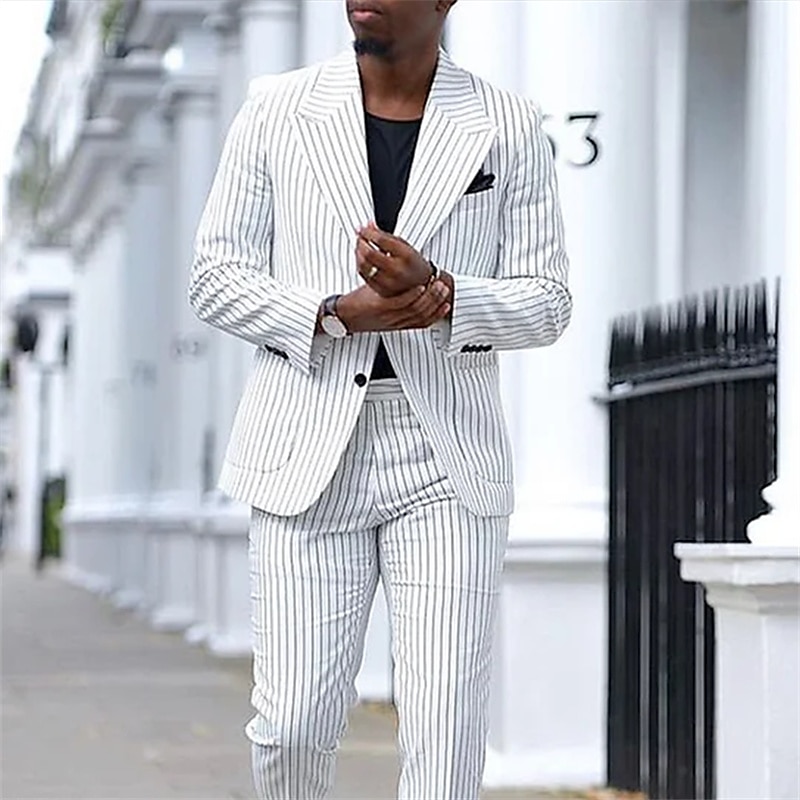 Stylish White Striped Pointed Lapel Formal Business Suit