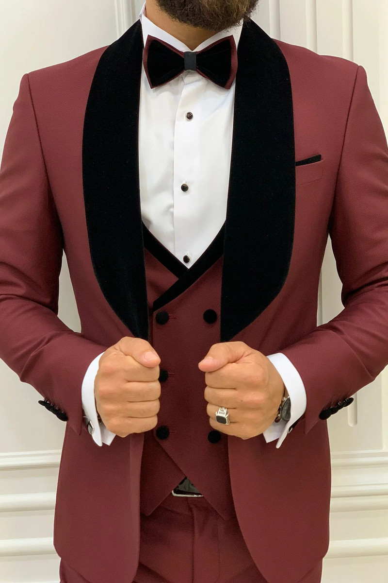 Allen Burgundy Velvet Slim Fit Three-Piece Tuxedo with Shawl Lapel